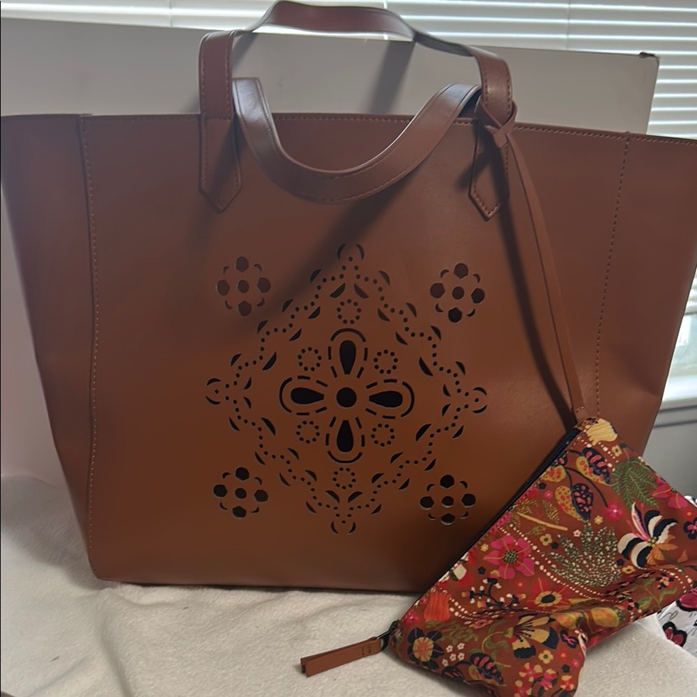 Brown Cutout Tote Bag with Floral Pouch